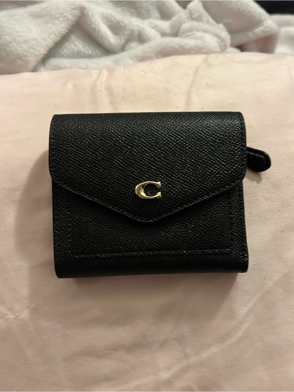 Coach Black Leather Compact Wallet with Gold 'C' Emblem